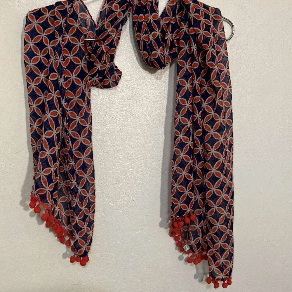 🌈 Mud Pie Pom Pom fringed India print cotton semi sheer scarf